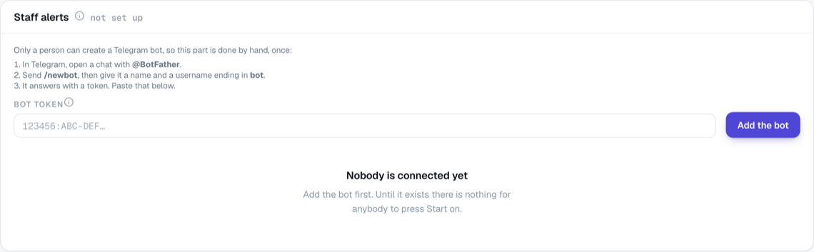 The Staff alerts panel before a bot exists, with the three steps and the Bot token box