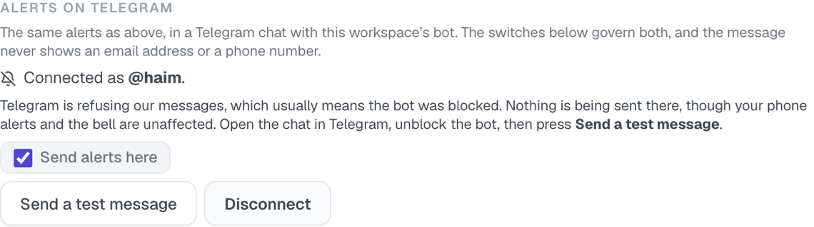 Settings showing that Telegram alerts have stopped, and the button that recovers them